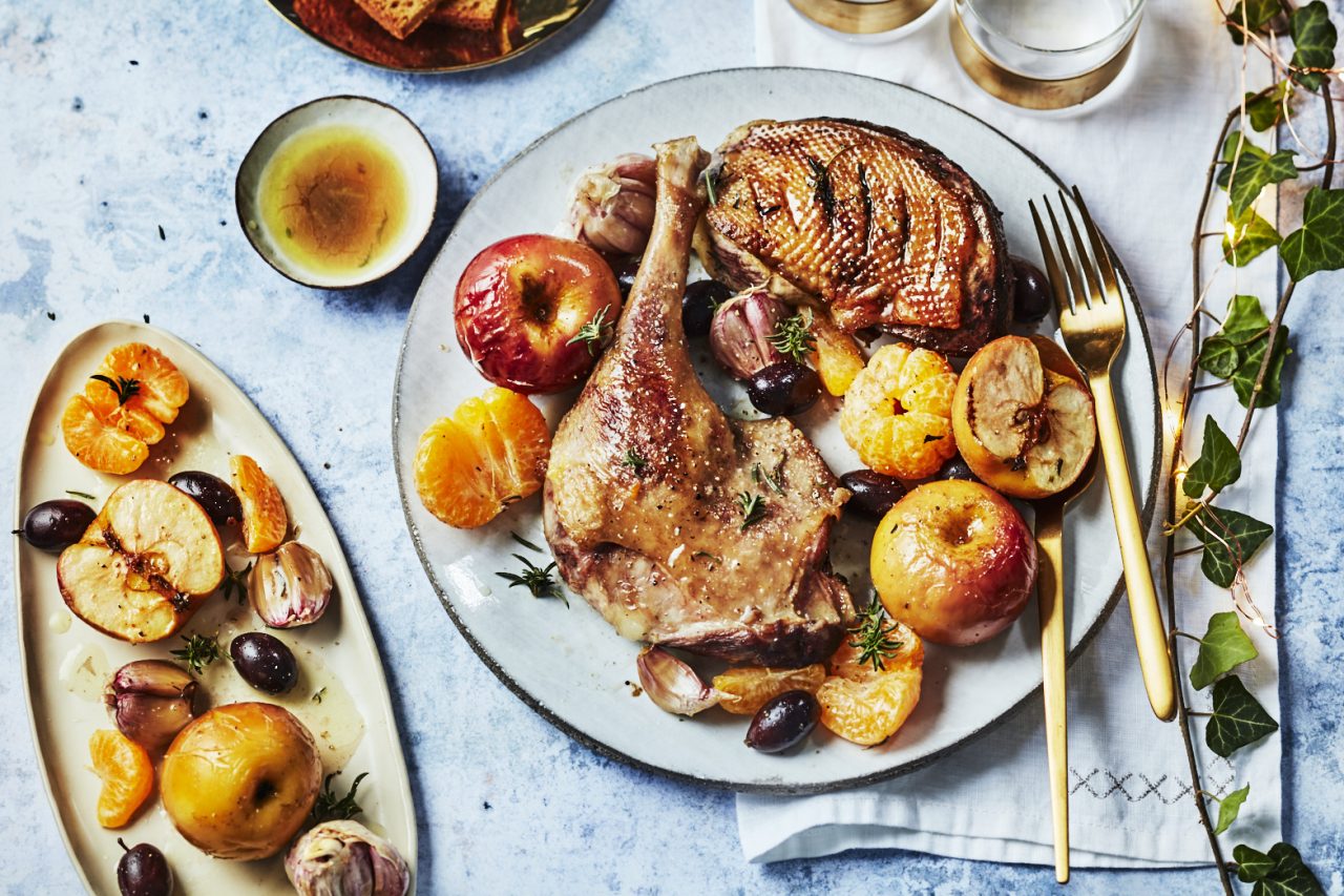 Cuisse et Filet d'Oie rôti aux pommes et aux clémentines